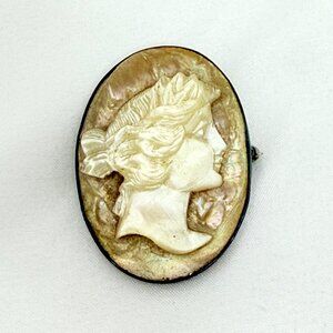 Vintage Hand-Carved Cameo Brooch/Pin Mother Of Pearl Shell Sterling Setting